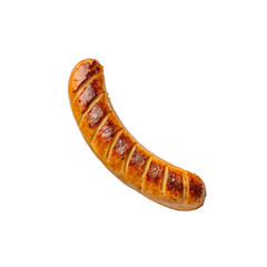 A long, thin sausage with a brown crust. The sausage is sitting on a white background. Concept of simplicity and focus on the sausage itself