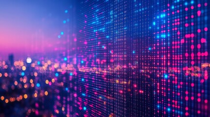 Obraz premium Abstract city lights at night with glowing pink and blue digital data streams, bokeh effect.