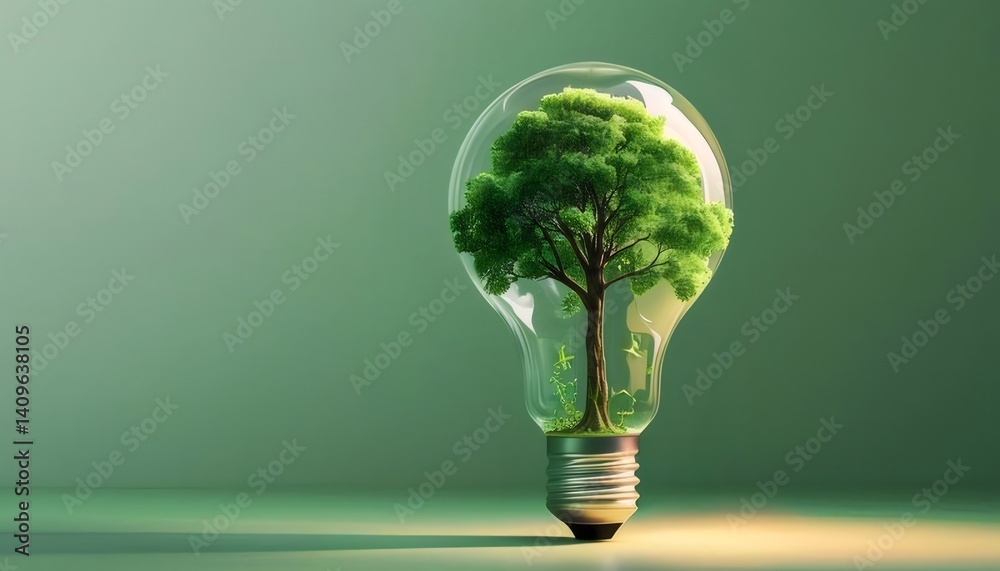Poster 透明な電球の中に生い茂る緑の木 環境保護と自然をテーマにしたイメージ