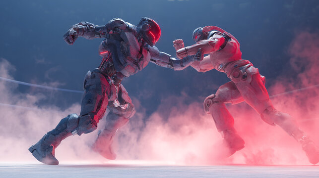 Two futuristic robots fighting each other in a battle arena video game esports competition scene render