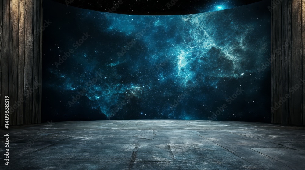 Wall mural front view of an empty room with dark wood walls. on the wall is a huge curved screen showing outer 