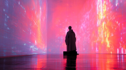 Fototapeta premium Person in abstract light installation pink purple room art exhibition immersive experience digital art space