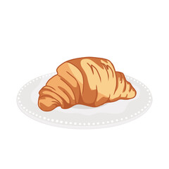 Fresh baked croissant on a cute vintage plate. Vector Illustration isolated on white background. Croissant for menu, cafe, bakery, logo.