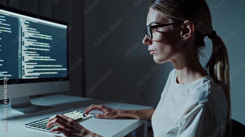 Aufkleber Female programmer working intently, typing complex code on computer keyboard while sitting in darkened office environment, displaying deep concentration and professional focus