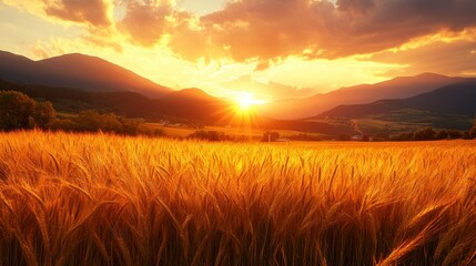 Obraz premium Golden wheat field at sunset, sun rays through clouds over mountains.