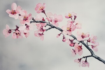 Fototapeta premium Delicate watercolor blossom branch against a light gray backdrop.