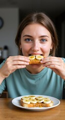 Hungry Woman Eating Toast with Sliced Banana for World Bee Day. Nutritious Breakfast or dessert snack, honey syrup. Healthy food for healthy lifestyle.