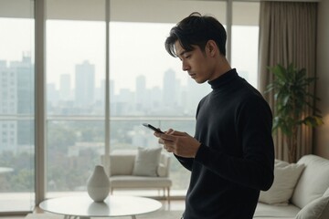Young Japanese Man in His Late Twenties Using Smartphone in a Modern Apartment with City View: Concept of Connected Living and Urban Technology