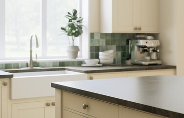 An elegant modern kitchen with a stylish mint-colored tile that captivates
