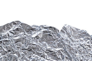 Wrinkled fragments of shiny aluminum foil isolated against a clean backdrop. The silvery tones and...
