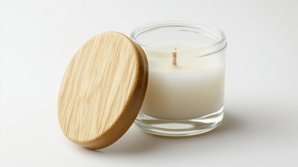 Scented candle in glass jar with wooden lid, isolated on white background, clean and cozy product photo