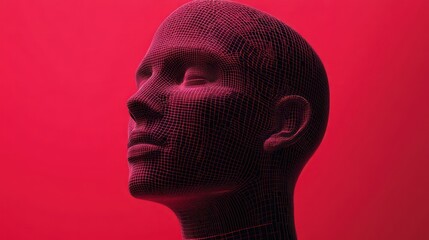 Red-lit digital head model, profile view, studio, AI concept
