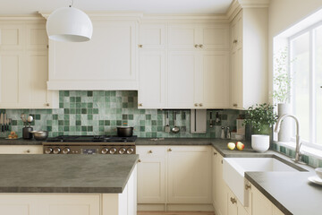 An elegant modern kitchen with a stylish mint-colored tile that captivates