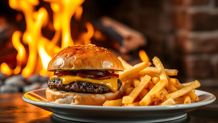Hamburger with french fries tasty 
