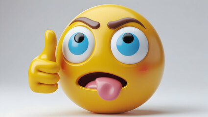   A cheerful cartoon emoji face giving double thumbs up with a playful expression, wide blue eyes, raised eyebrows, and tongue sticking out. 