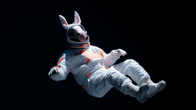 Astronaut bunny rabbit in space suit floating in dark background surreal space exploration concept