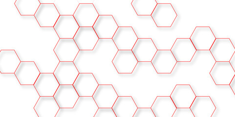 Abstract white background with red hexagons seamless pattern and geometric in vector design. Futuristic blue neon honeycombs. Modern technology design .Minimal style website banner, decoration .	
