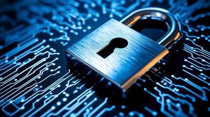 Close up of a metallic padlock on a dark blue circuit board, representing digital security.