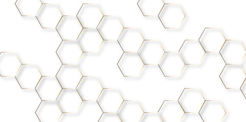 Fototapeta premium Abstract white background with golden hexagons seamless pattern and geometric in vector design. Futuristic blue neon honeycombs. Modern technology design .Minimal style website banner, decoration . 