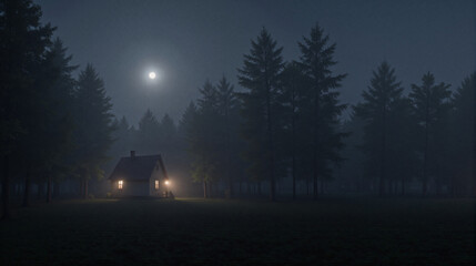 Cozy Cabin in Misty Forest at Night: Serene Landscape with Illuminated House