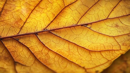 Obraz premium Close-up view of a golden autumn leaf's intricate venation.