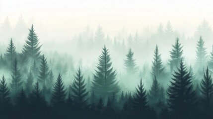 Fototapeta premium Misty forest landscape silhouettes in soft greens and greys.