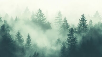 Fototapeta premium Misty evergreen forest at dawn.