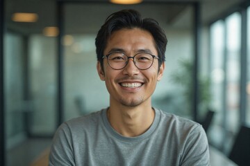 Confident Young Japanese Entrepreneur Smiling in a Modern Office, Wearing a Casual T-Shirt, Representing Startup Culture and Innovation