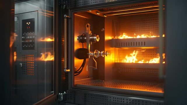 Industrial testing chamber with open door showing intense flames and testing equipment inside temperature-controlled environment.