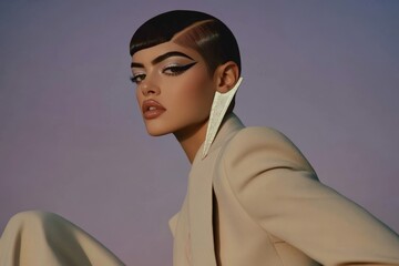 Glamorous young woman with bold makeup and elegant earrings in stylish fashion pose