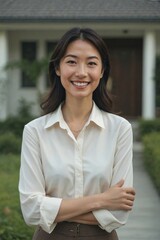 Fototapeta premium Happy Japanese Real Estate Agent with a Welcoming Smile Standing in Front of a House, Ready to Assist with Buying or Renting Property