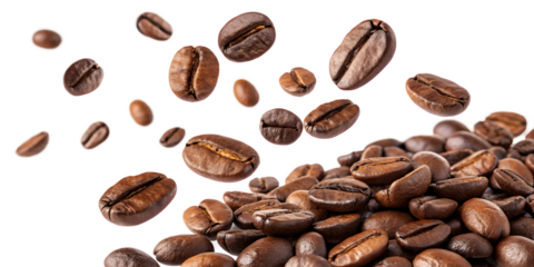 A bunch of coffee beans are scattered on a white background. The beans are in various stages of being ground, with some still whole and others already crushed. Concept of movement and energy
