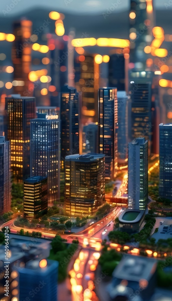 Aufkleber 夜の都市風景 高層ビルの灯りが輝く近代的な街並み 夜空と建物のシルエット 美しい夜景
