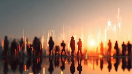 People Walking with Financial Graphs and Data Overlay Concept