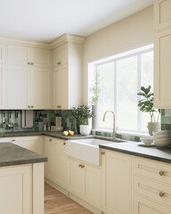 This is a stylish and modern kitchen, decorated with beautiful green accents and an open layout