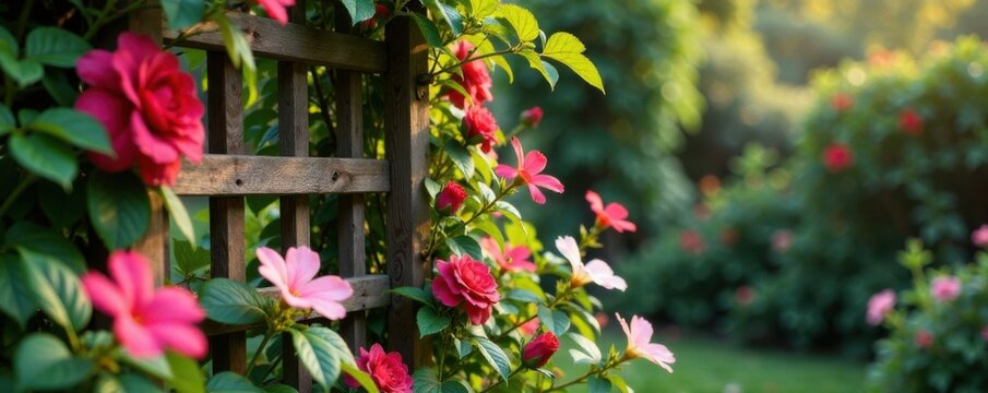 Enchanted flowers blooming on a wooden trellis, magic, vines, whimsy