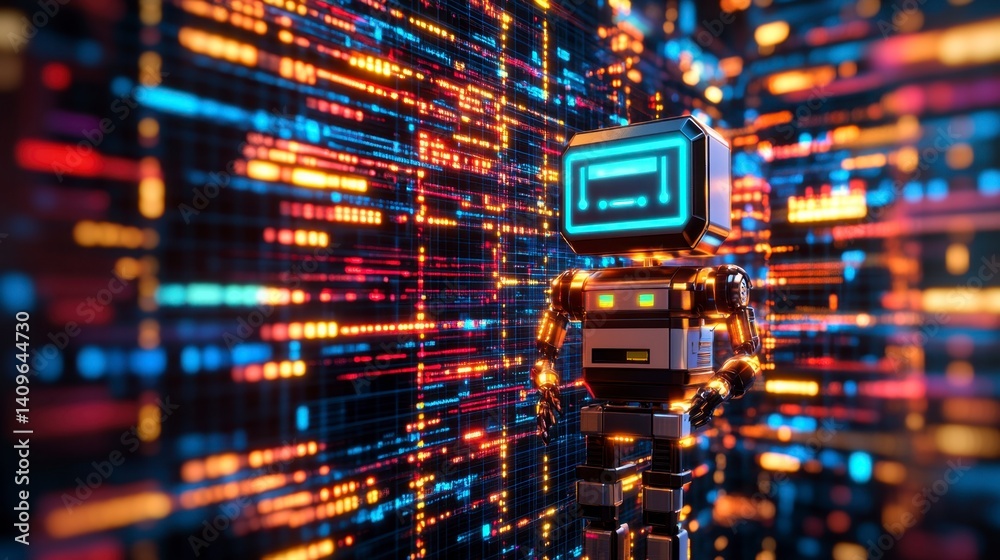 Poster retro robot stands before a wall of colorful binary code, glowing with warm and cool tones.