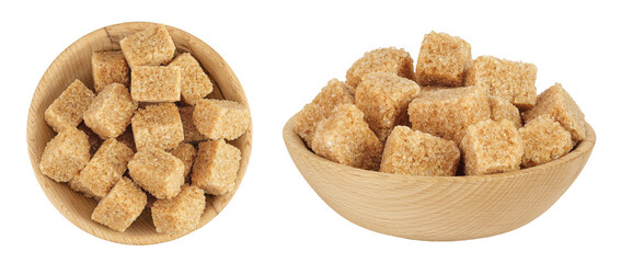 brown sugar in a wooden bowl isolated on white background. Top view. Flat lay