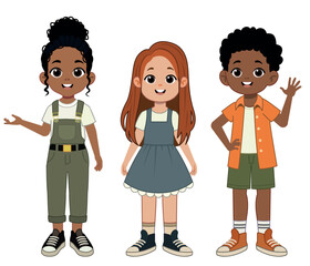 Happy Multiracial Kids – Cute Vector Children Standing and Waving