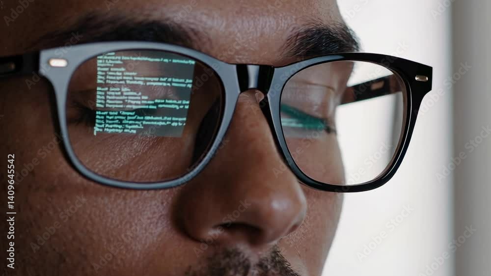 Poster Close up of a programmer wearing augmented reality glasses displaying lines of code, suggesting innovation in software development and user interface