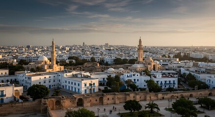 Obraz premium Cityscape View with Mosque Towers and White Buildings at Sunset