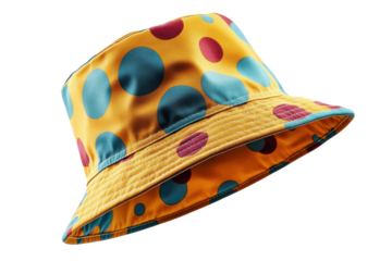 Trendy polka dot bucket hat vibrant yellow with teal and maroon circles on transparent background
