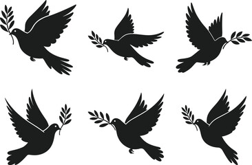 Set of Flying Dove Silhouettes with Olive Branch – Peace Symbol Vector Collection