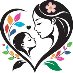 Heart-Shaped Mother and Child Vector with Colorful Floral Design Art & Illustration