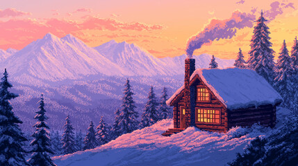 Fototapeta premium Winter Cabin Glow