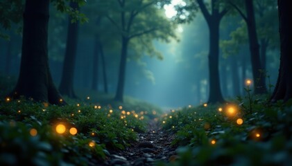 Glowing fireflies dance in ethereal forest mist, ethereal, ambient