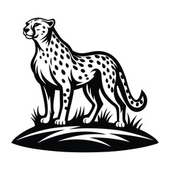 Silhouette Cheetah Standing On Grass, Monochrome Feline Wild Animal, Spots, Wildlife, Art