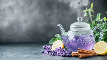 Aromatic Lavender Tea Serenity: A glass teapot steams with fragrant lavender tea, adorned with fresh lemons, cinnamon sticks, and sprigs of mint, presenting a moment of tranquil relaxation.