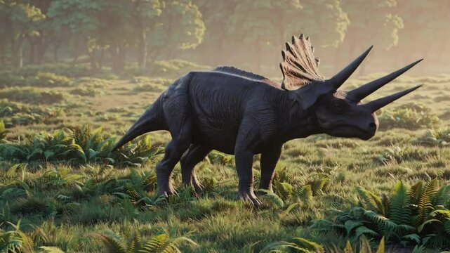 A Triceratops grazes peacefully in a lush prehistoric landscape. The dinosaur, with its distinctive frill and three horns, embodies the tranquility of the Jurassic period