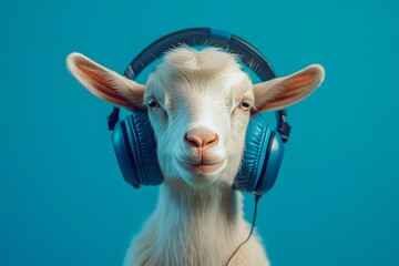 Portrait of a funny white goat wearing headphones listening to music on a blue background